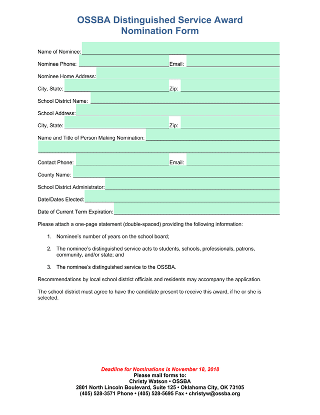 OSSBA Distinguished Service Award Nomination Form screenshot