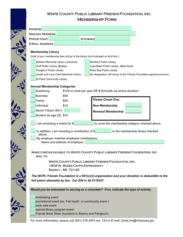 White County Public Library Friends Foundation, Inc. Membership Form screenshot