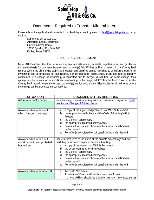 Documents Required To Transfer Mineral Interest screenshot