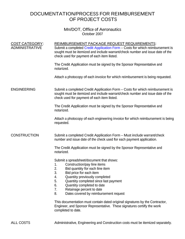 DocumentationProcess For Reimbursement Of Project Costs screenshot