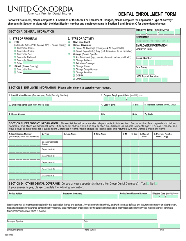 DENTAL ENROLLMENT FORM screenshot