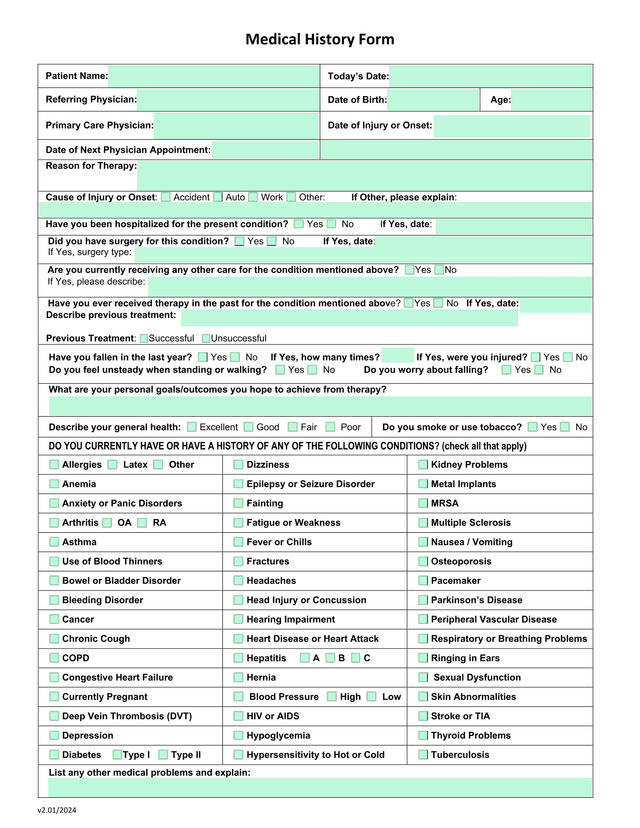 Medical History Form screenshot