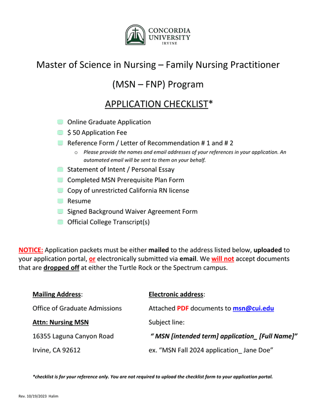 Master Of Science In Nursing  Family Nursing Practitioner (MSN  FNP) Program Application Checklist screenshot