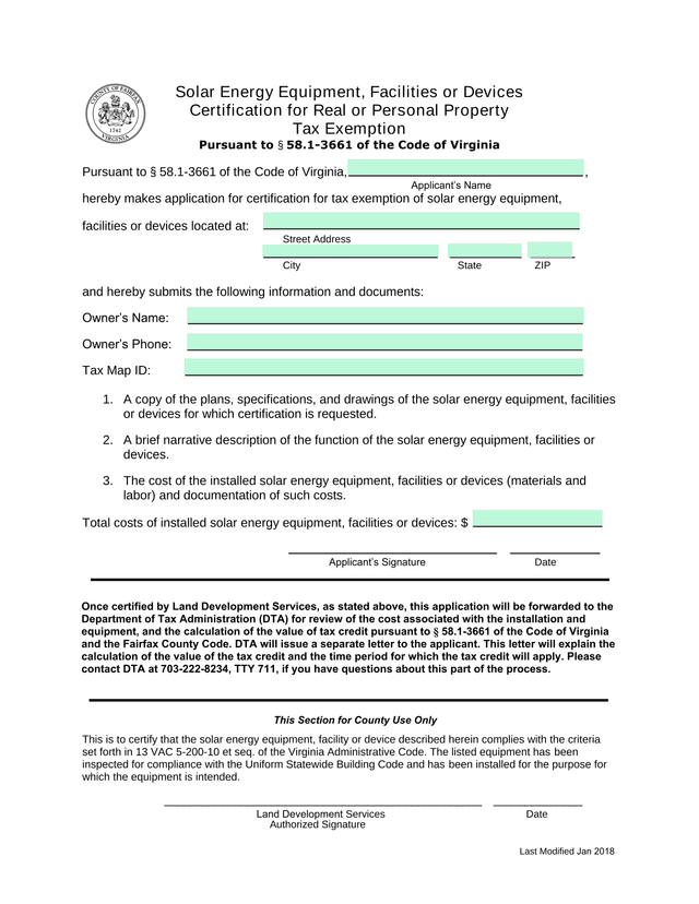 Solar Energy Equipment, Facilities Or Devices Certification For Real Or Personal Property Tax Exempt screenshot