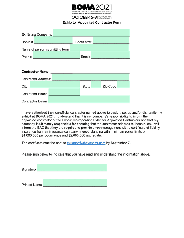 Exhibitor Appointed Contractor Form screenshot