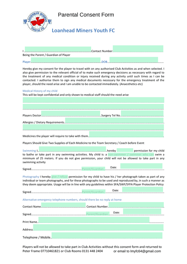 Loanhead Miners Youth FC Parental Consent Form screenshot