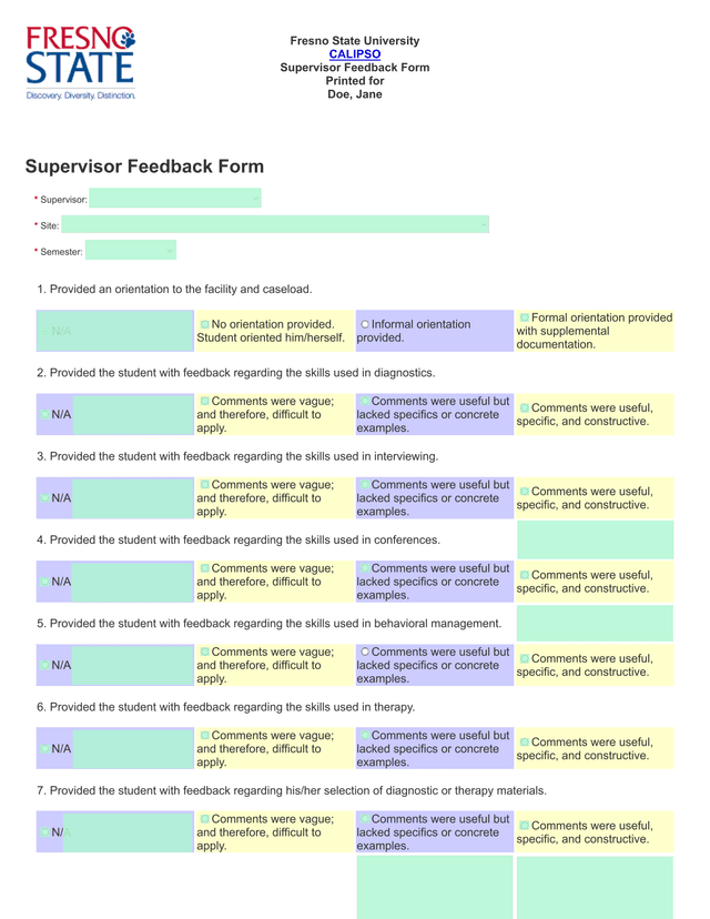 CALIPSO Supervisor Feedback Form screenshot