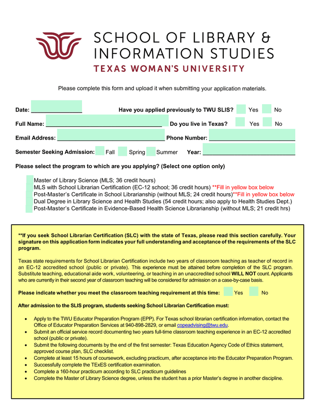 TWU School Of Library And Information Science (SLIS) Application Form screenshot