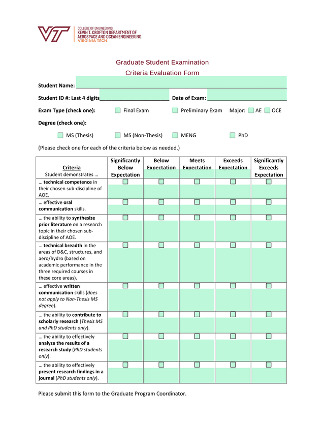 Graduate Student Examination Criteria Evaluation Form screenshot