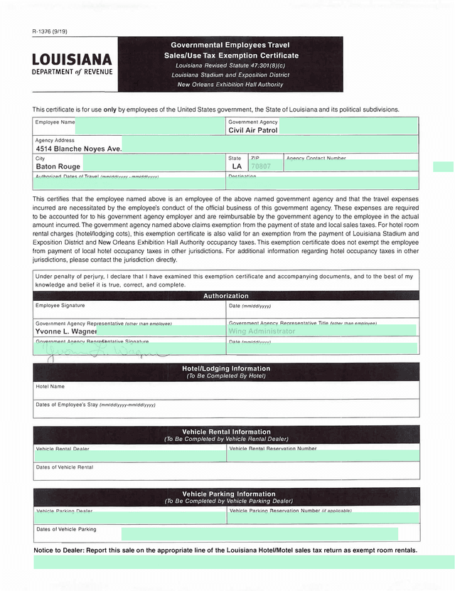 Governmental Employees Travel SalesUse Tax Exemption Certificate screenshot
