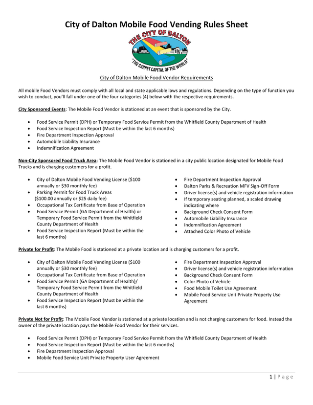 City Of Dalton Mobile Food Vending Rules Sheet screenshot