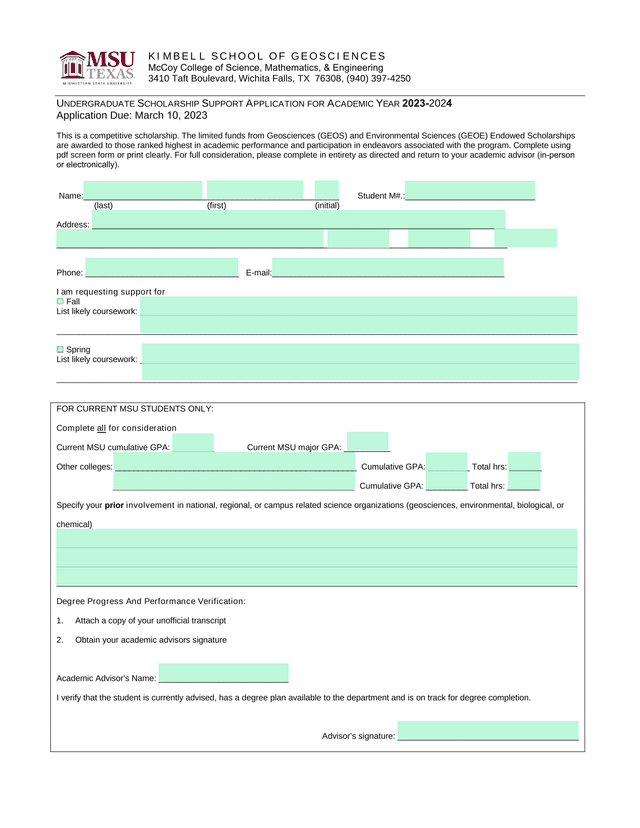 Undergraduate Scholarship Support Application For Academic Year 2023 2024 screenshot