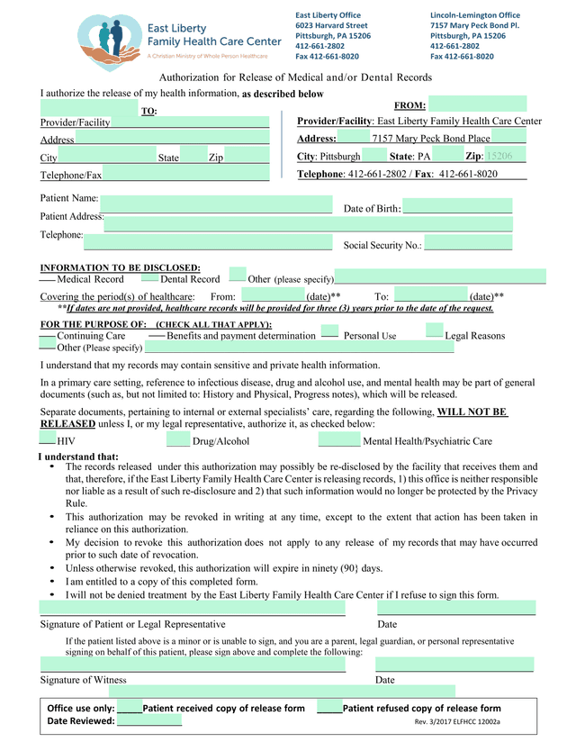 Authorization For Release Of Medical AndOr Dental Records screenshot