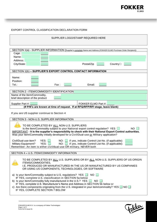 Export Control Classification Declaration Form screenshot