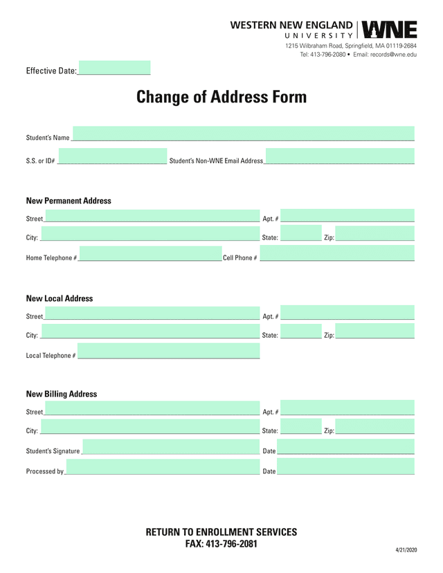 Change Of Address Form screenshot