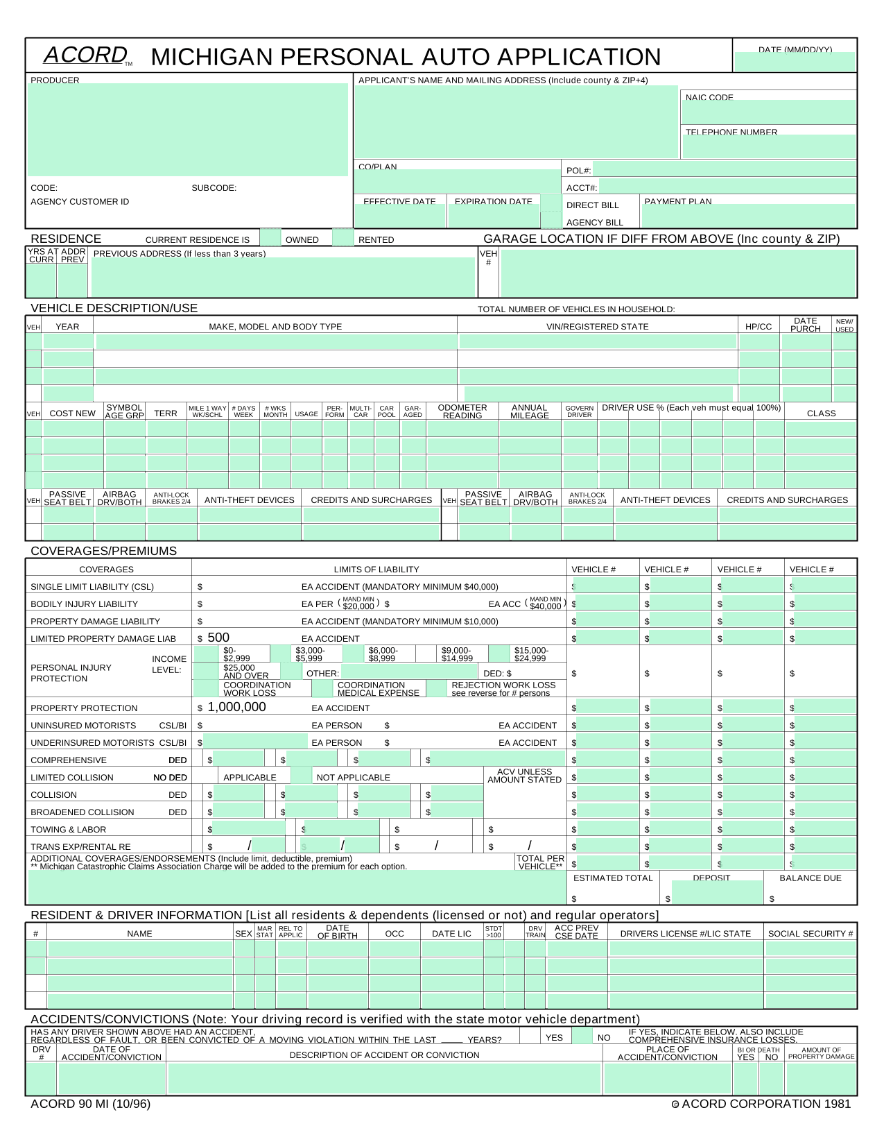 Michigan Personal Auto Application (ACORD 90 MI) screenshot