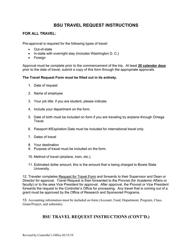 BSU Travel Request Instructions screenshot