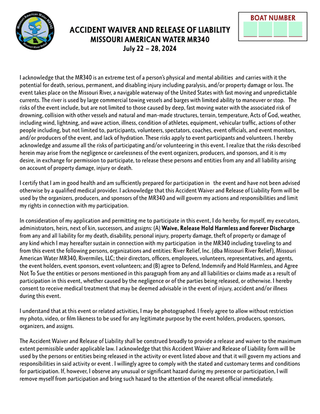 BOAT NUMBER ACCIDENT WAIVER AND RELEASE OF LIABILITY screenshot