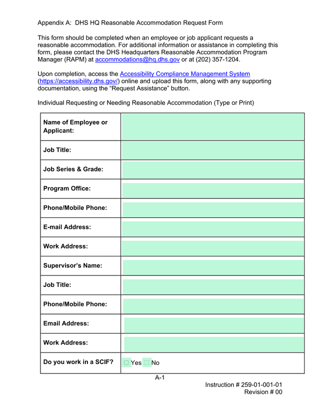 DHS HQ Reasonable Accommodation Request Form screenshot