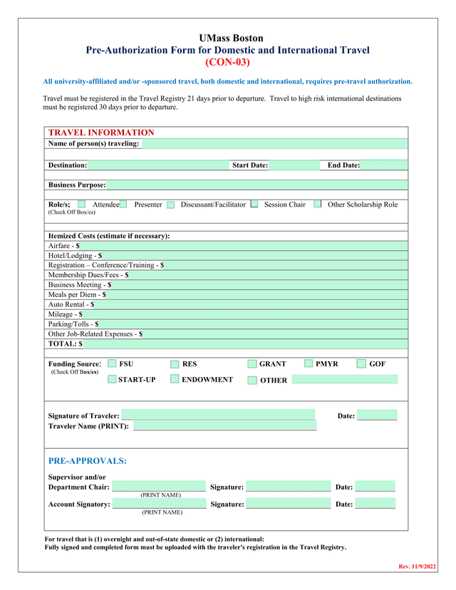 UMass Boston Pre Authorization Form For Domestic And International Travel screenshot