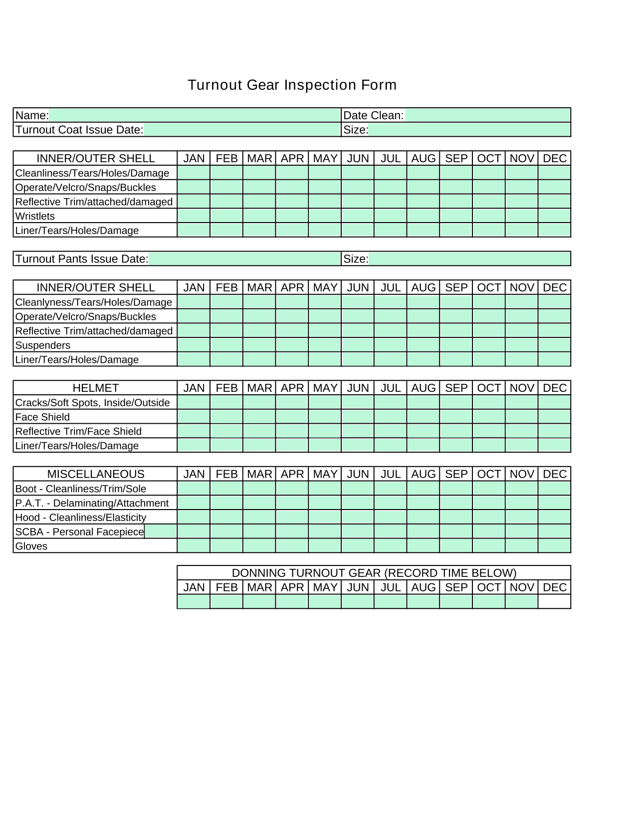 Turnout Gear Inspection Form screenshot