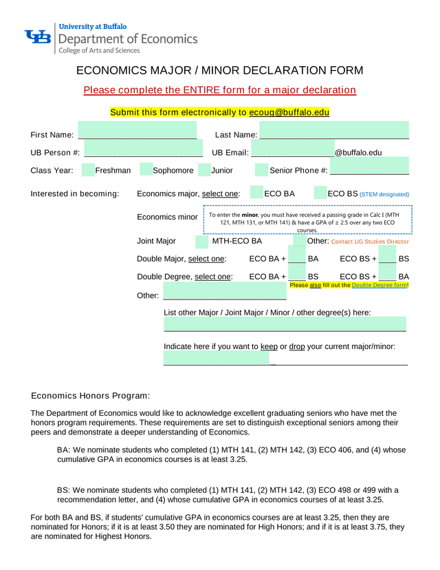 Economics Major  Minor Declaration Form screenshot