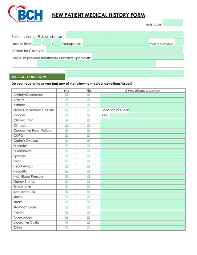NEW PATIENT MEDICAL HISTORY FORM screenshot