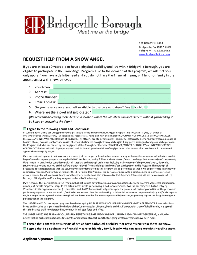 Snow Angel Program Request Form screenshot