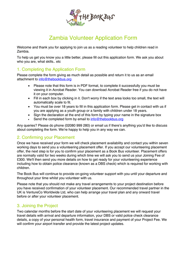Zambia Volunteer Application Form screenshot