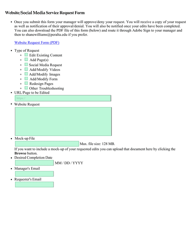 WebsiteSocial Media Service Request Form screenshot