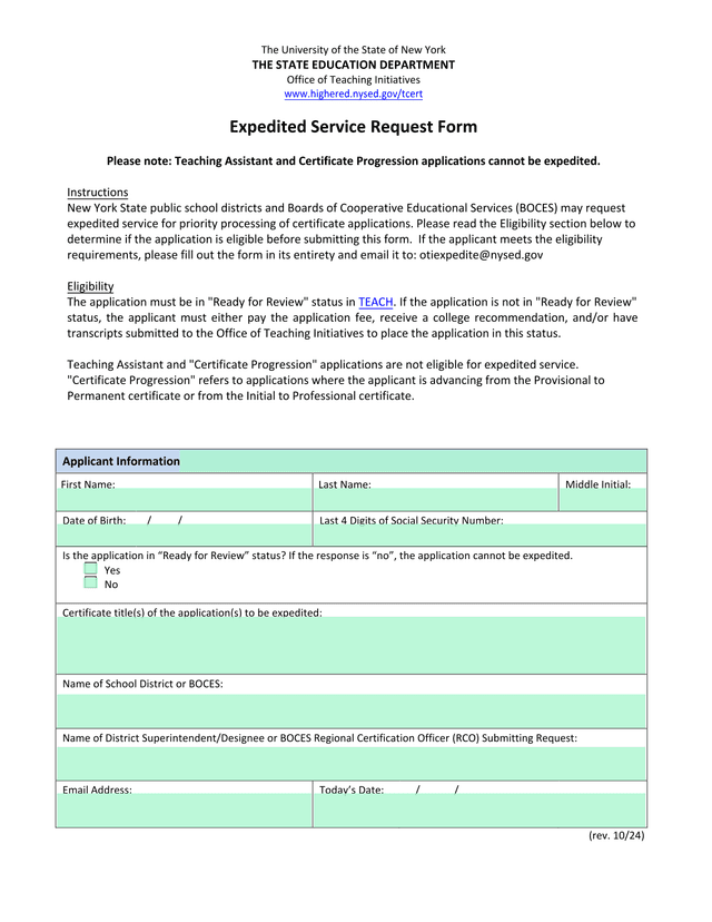 Expedited Service Request Form screenshot
