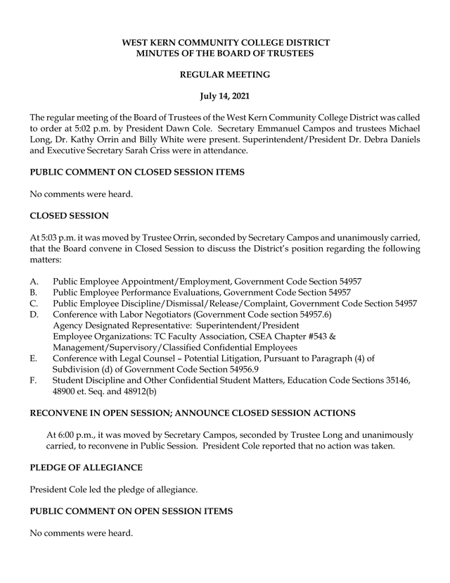 West Kern Community College District Board Of Trustees Meeting Minutes screenshot
