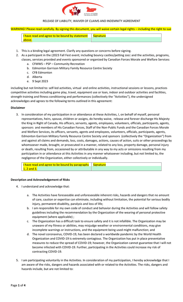 RELEASE OF LIABILITY, WAIVER OF CLAIMS AND INDEMNITY AGREEMENT screenshot
