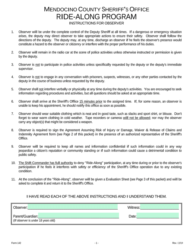 Form 142   Ride Along Program Instructions screenshot