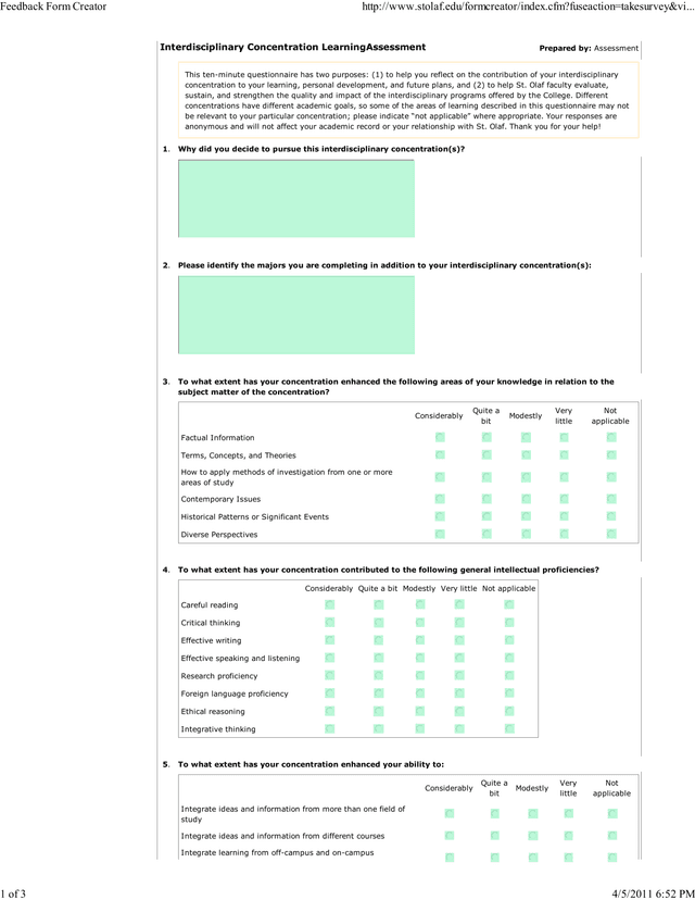 Interdisciplinary Concentration Learning Assessment screenshot