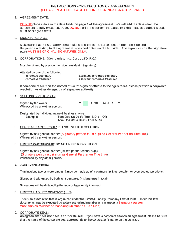 INSTRUCTIONS FOR EXECUTION OF AGREEMENTS screenshot