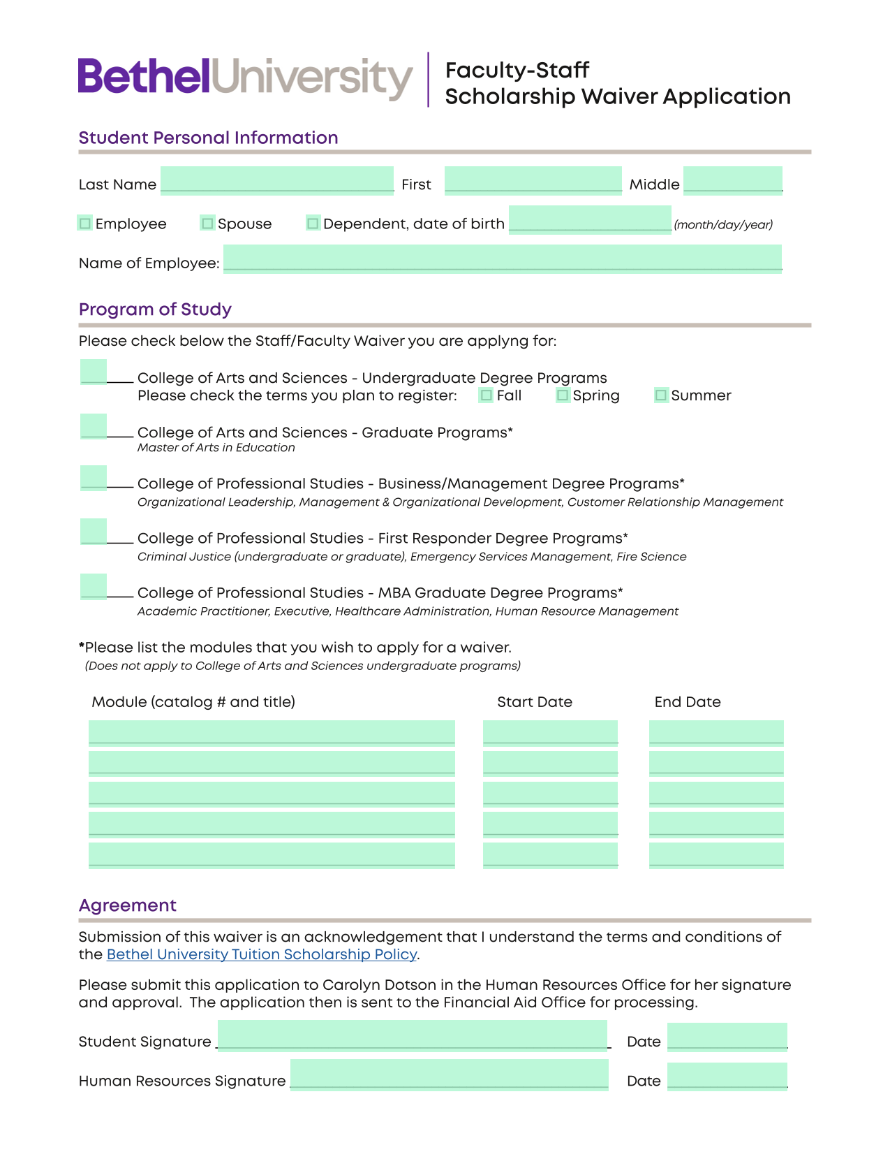 Faculty Staff Scholarship Waiver Application screenshot