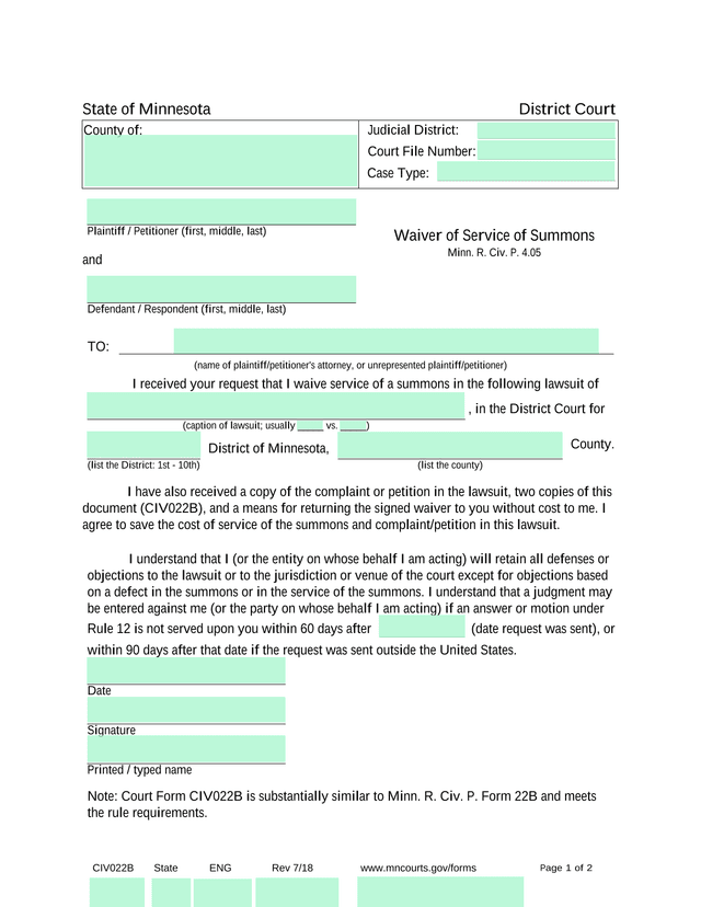 Waiver Of Service Of Summons screenshot