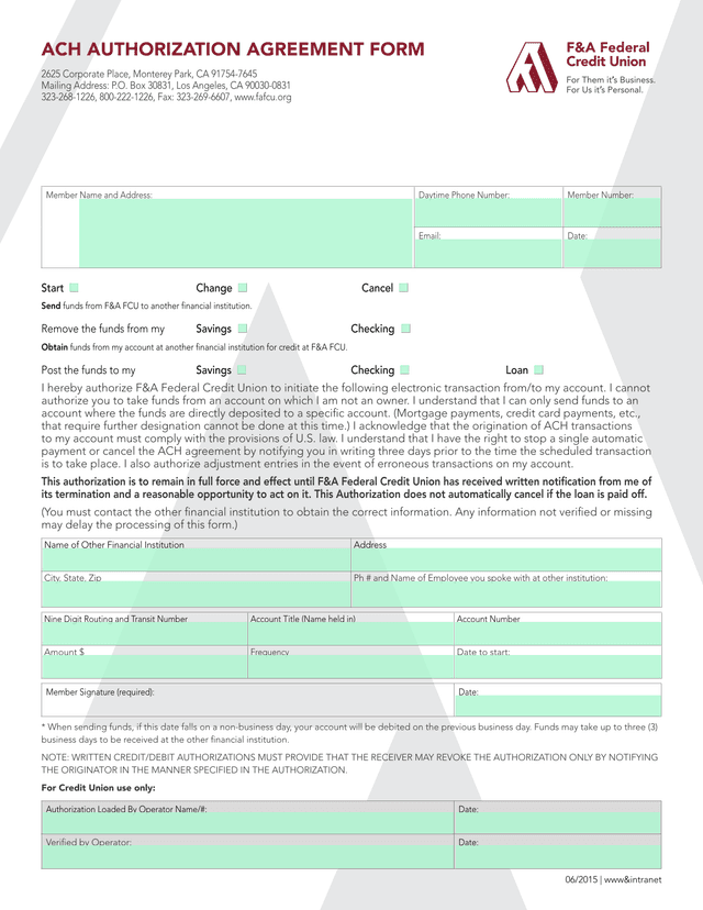 ACH AUTHORIZATION AGREEMENT FORM screenshot