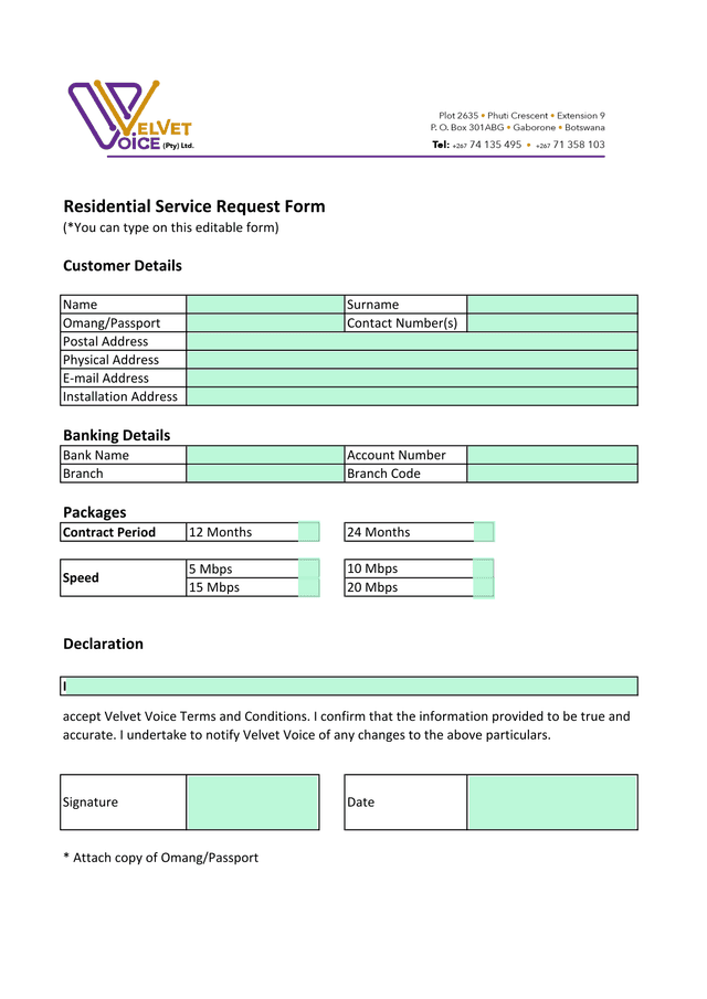 Residential Service Request Form screenshot