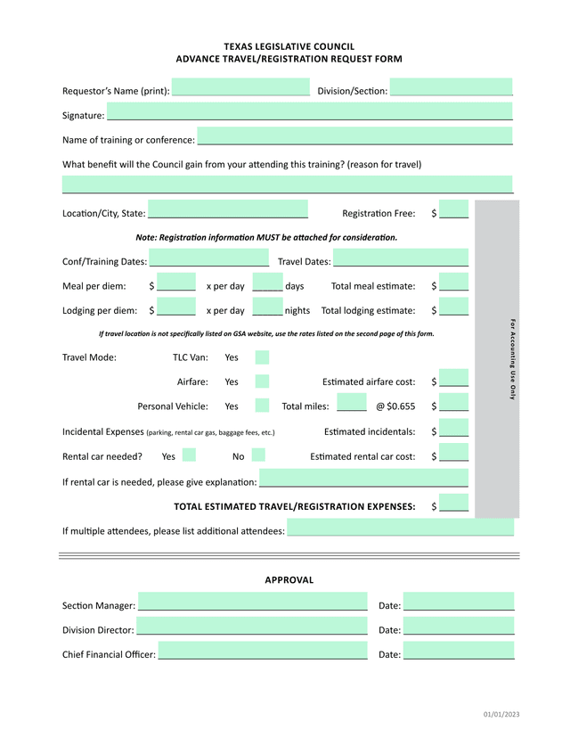 ADVANCE TRAVELREGISTRATION REQUEST FORM screenshot