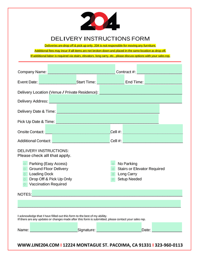 Delivery Instructions Form screenshot