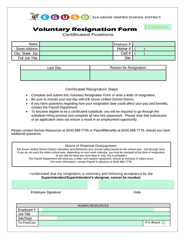 Voluntary Resignation Form Certificated Positions screenshot
