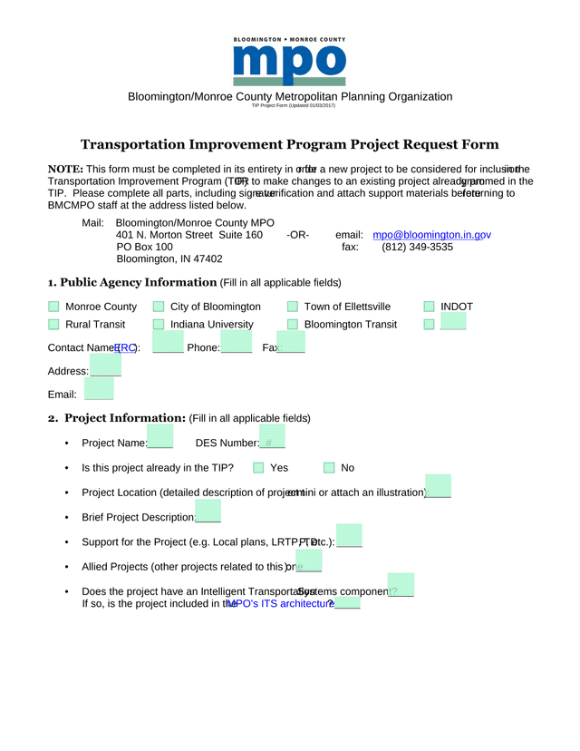 Transportation Improvement Program Project Request Form screenshot