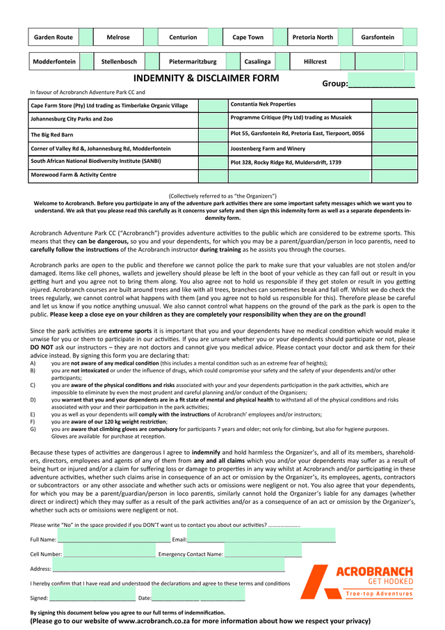 Acrobranch Adventure Park Indemnity Form screenshot