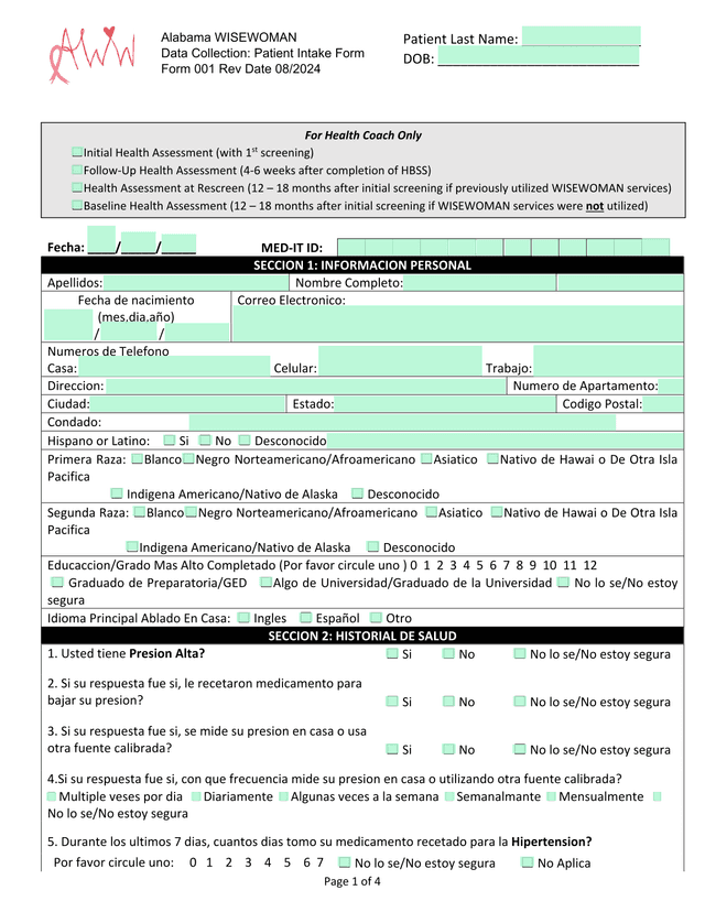 Alabama WISEWOMAN Data Collection Patient Intake Form screenshot