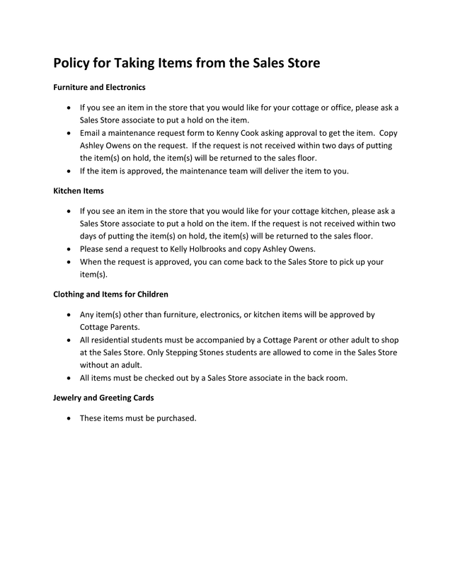 Policy For Taking Items From The Sales Store screenshot
