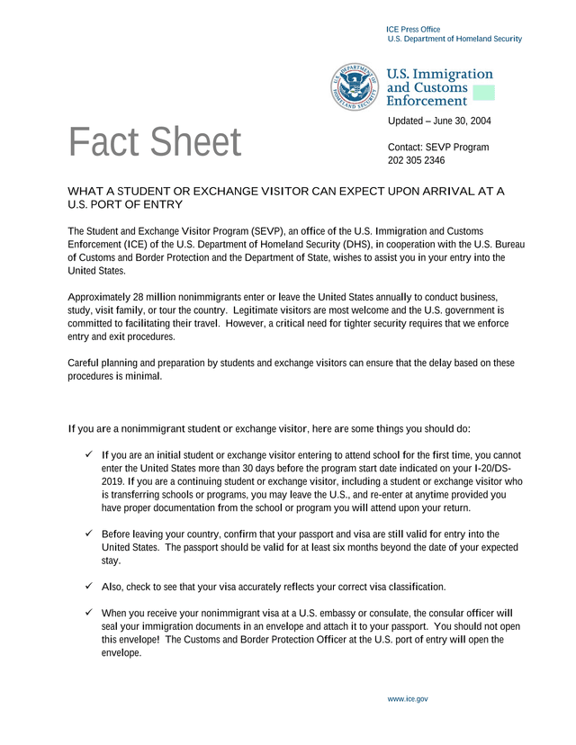 What A Student Or Exchange Visitor Can Expect Upon Arrival At A U.S. Port Of Entry screenshot