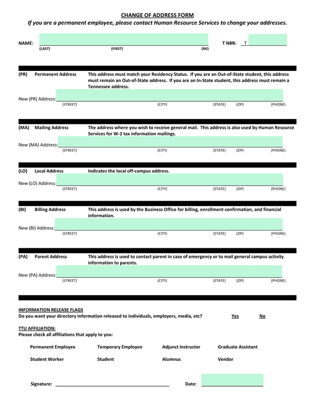 Change Of Address Form screenshot