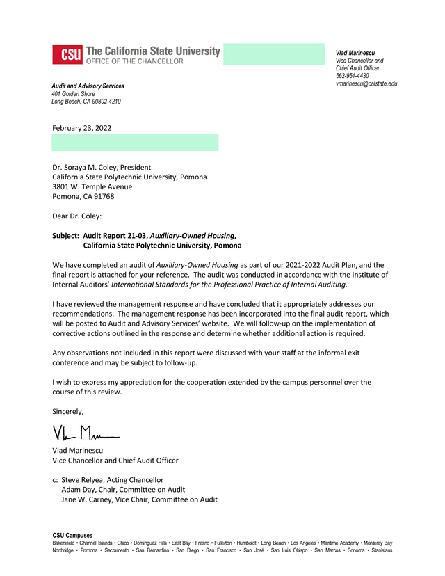 Audit Report 21 03, Auxiliary Owned Housing, California State Polytechnic University, Pomona screenshot